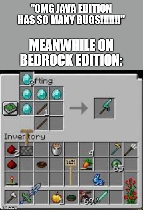 "OMG JAVA EDITION HAS SO MANY BUGS!!!!!!!"; MEANWHILE ON BEDROCK EDITION: | made w/ Imgflip meme maker