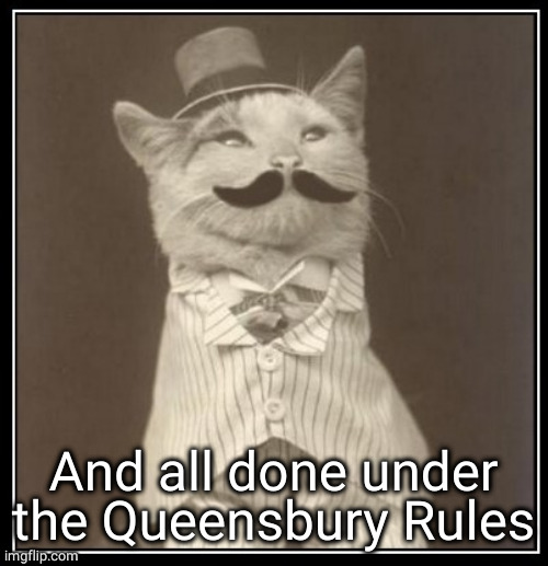 Cat with Mustache and Top Hat | And all done under the Queensbury Rules | image tagged in cat with mustache and top hat | made w/ Imgflip meme maker