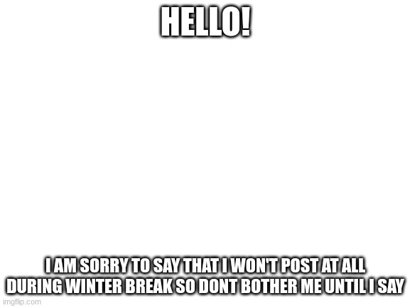 Blank White Template |  HELLO! I AM SORRY TO SAY THAT I WON'T POST AT ALL DURING WINTER BREAK SO DONT BOTHER ME UNTIL I SAY | image tagged in blank white template | made w/ Imgflip meme maker