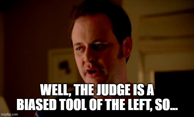 Jake from state farm | WELL, THE JUDGE IS A BIASED TOOL OF THE LEFT, SO... | image tagged in jake from state farm | made w/ Imgflip meme maker
