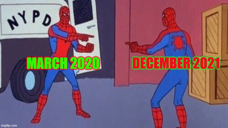 spiderman pointing at spiderman | MARCH 2020; DECEMBER 2021 | image tagged in spiderman pointing at spiderman | made w/ Imgflip meme maker