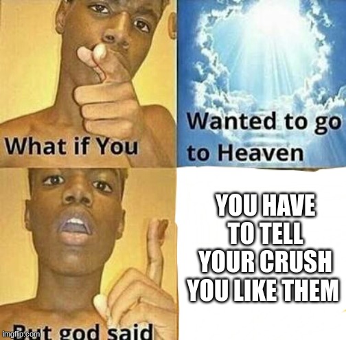 What if you wanted to go to Heaven | YOU HAVE TO TELL YOUR CRUSH YOU LIKE THEM | image tagged in what if you wanted to go to heaven | made w/ Imgflip meme maker