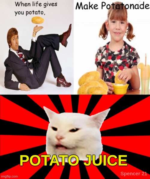 Smudge Fixed It | POTATO JUICE | image tagged in starburst smudge,potato,smudge the cat,there i fixed it,you're welcome,unsee juice | made w/ Imgflip meme maker