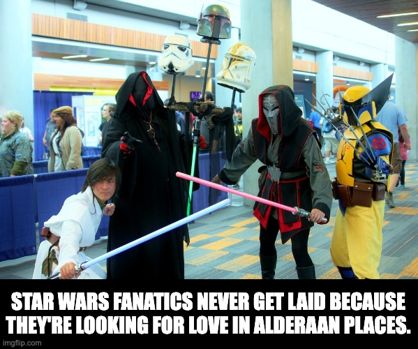 Star Wars | STAR WARS FANATICS NEVER GET LAID BECAUSE THEY'RE LOOKING FOR LOVE IN ALDERAAN PLACES. | image tagged in cosplay | made w/ Imgflip meme maker