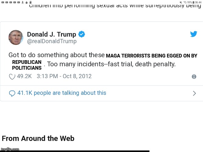 President Trump called for the death penalty for pedophiles. | MAGA TERRORISTS BEING EGGED ON BY REPUBLICAN POLITICIANS | image tagged in president trump called for the death penalty for pedophiles | made w/ Imgflip meme maker