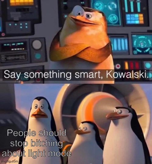 Say something smart Kowalski |  People should stop bitching about light mode | image tagged in say something smart kowalski | made w/ Imgflip meme maker