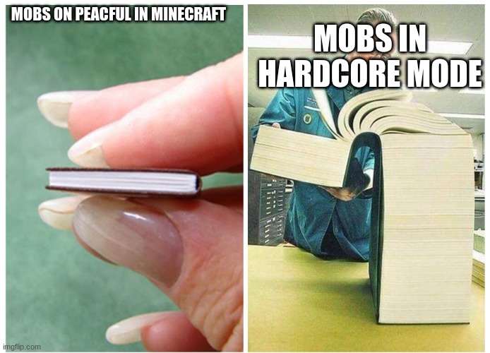 big book small book right to left | MOBS IN HARDCORE MODE; MOBS ON PEACFUL IN MINECRAFT | image tagged in big book small book right to left | made w/ Imgflip meme maker