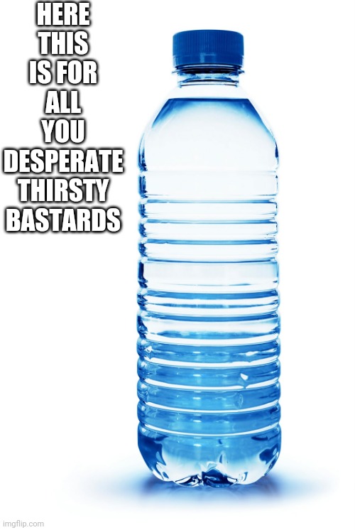 water bottle | HERE THIS IS FOR ALL YOU DESPERATE THIRSTY BASTARDS | image tagged in water bottle | made w/ Imgflip meme maker
