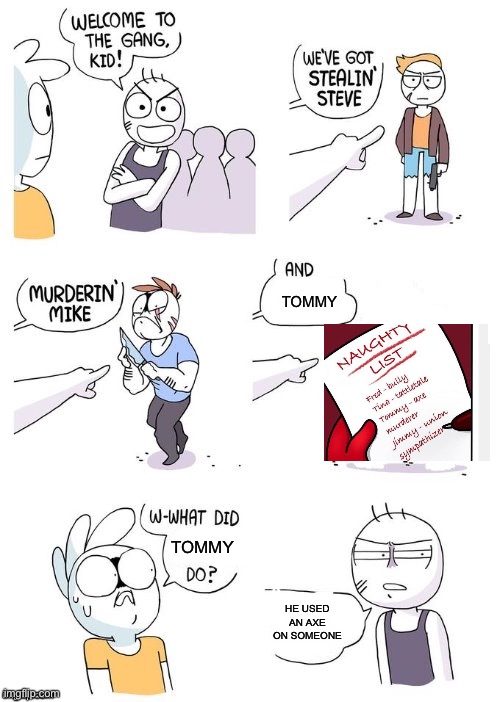 W-what did ___ do? | TOMMY TOMMY HE USED AN AXE ON SOMEONE | image tagged in w-what did ___ do | made w/ Imgflip meme maker