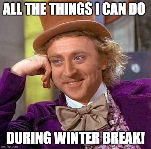 Winter break | ALL THE THINGS I CAN DO; DURING WINTER BREAK! | image tagged in memes,creepy condescending wonka | made w/ Imgflip meme maker