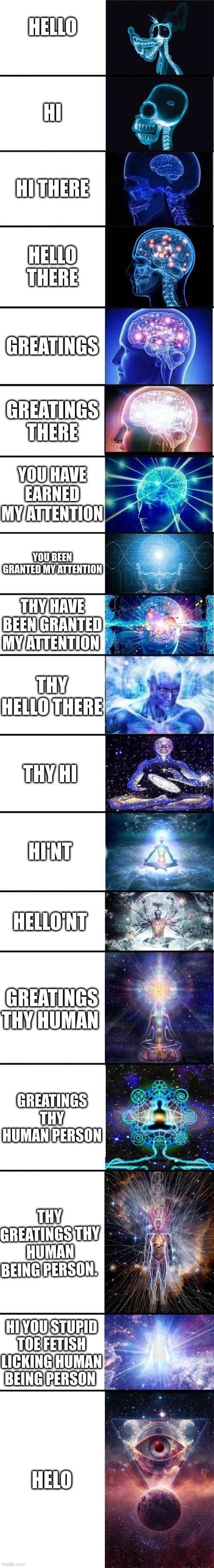 expanding brain: 9001 | HELLO; HI; HI THERE; HELLO THERE; GREATINGS; GREATINGS THERE; YOU HAVE EARNED MY ATTENTION; YOU BEEN GRANTED MY ATTENTION; THY HAVE BEEN GRANTED MY ATTENTION; THY HELLO THERE; THY HI; HI'NT; HELLO'NT; GREATINGS THY HUMAN; GREATINGS THY HUMAN PERSON; THY GREATINGS THY HUMAN BEING PERSON. HI YOU STUPID TOE FETISH LICKING HUMAN BEING PERSON; HELO | image tagged in expanding brain 9001 | made w/ Imgflip meme maker