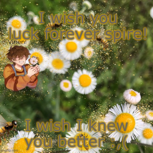 Hello! | I wish you luck forever spire! I wish I knew you better :,( | image tagged in hello | made w/ Imgflip meme maker