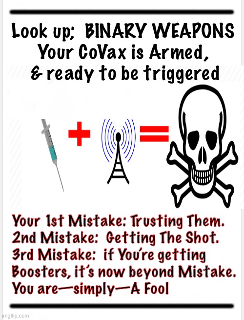 When you signed your Vax waiver, did you read the fine print? | Look up;  BINARY WEAPONS 

Your CoVax is Armed, 
& ready to be triggered; Your 1st Mistake: Trusting Them.
2nd Mistake:  Getting The Shot.
3rd Mistake:  if You’re getting
Boosters, it’s now beyond Mistake.
You are—simply—A Fool | image tagged in memes,trigger warning,vax kill shot,you trusted the wrong people,poisonous bioweapon,you wanted it | made w/ Imgflip meme maker