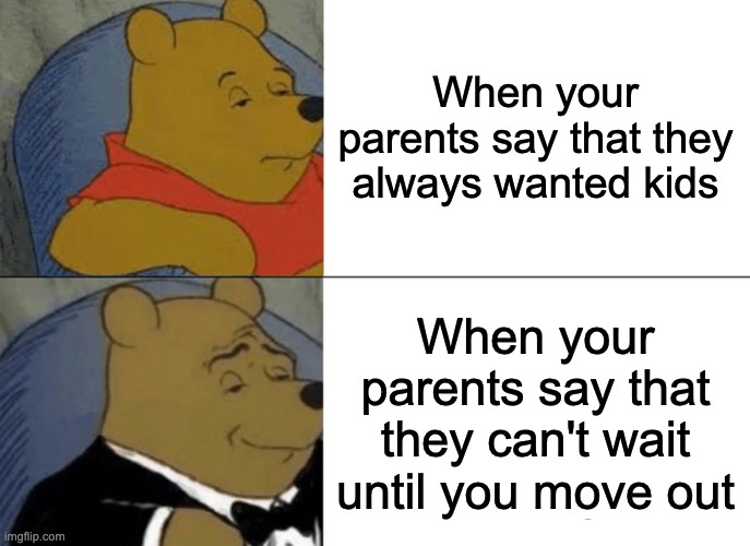me when im 16 | When your parents say that they always wanted kids; When your parents say that they can't wait until you move out | image tagged in memes,tuxedo winnie the pooh,funny,parents,parenting,wait what | made w/ Imgflip meme maker