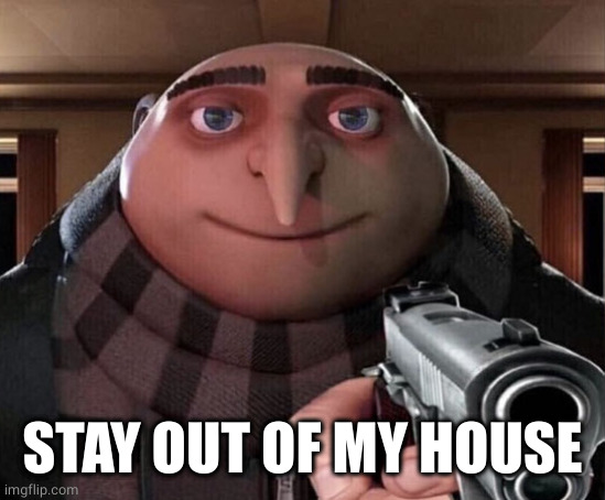 Gru Gun | STAY OUT OF MY HOUSE | image tagged in gru gun | made w/ Imgflip meme maker
