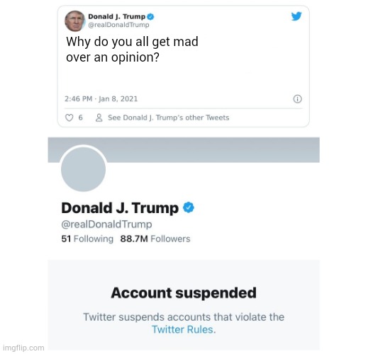 Trump Twitter Account Suspended | Why do you all get mad 
over an opinion? | image tagged in trump twitter account suspended | made w/ Imgflip meme maker