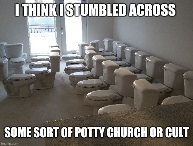 Took this photo on a recent survey, contractors must have been storing all the toilets in this room! | I THINK I STUMBLED ACROSS; SOME SORT OF POTTY CHURCH OR CULT | image tagged in potty humor,cult | made w/ Imgflip meme maker