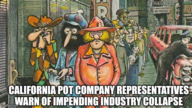 CALIF CANNABIS INDUSTRY COLLAPSE | CALIFORNIA POT COMPANY REPRESENTATIVES WARN OF IMPENDING INDUSTRY COLLAPSE | image tagged in furry freak bros unemployed,funny memes,cannabis,comics/cartoons,pot,marijuana | made w/ Imgflip meme maker