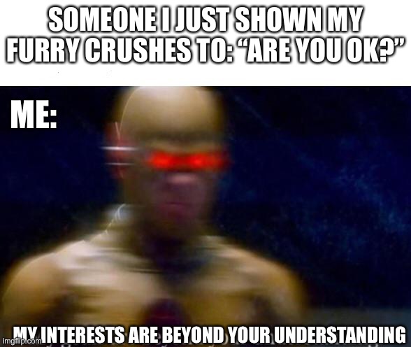 Doom patrol line: “what do normal people have on their lives?” “You’re asking the wrong person” | SOMEONE I JUST SHOWN MY FURRY CRUSHES TO: “ARE YOU OK?”; ME:; MY INTERESTS ARE BEYOND YOUR UNDERSTANDING | image tagged in my goals are beyond your understanding,dc,furry,furry memes,the furry fandom,dc comics | made w/ Imgflip meme maker