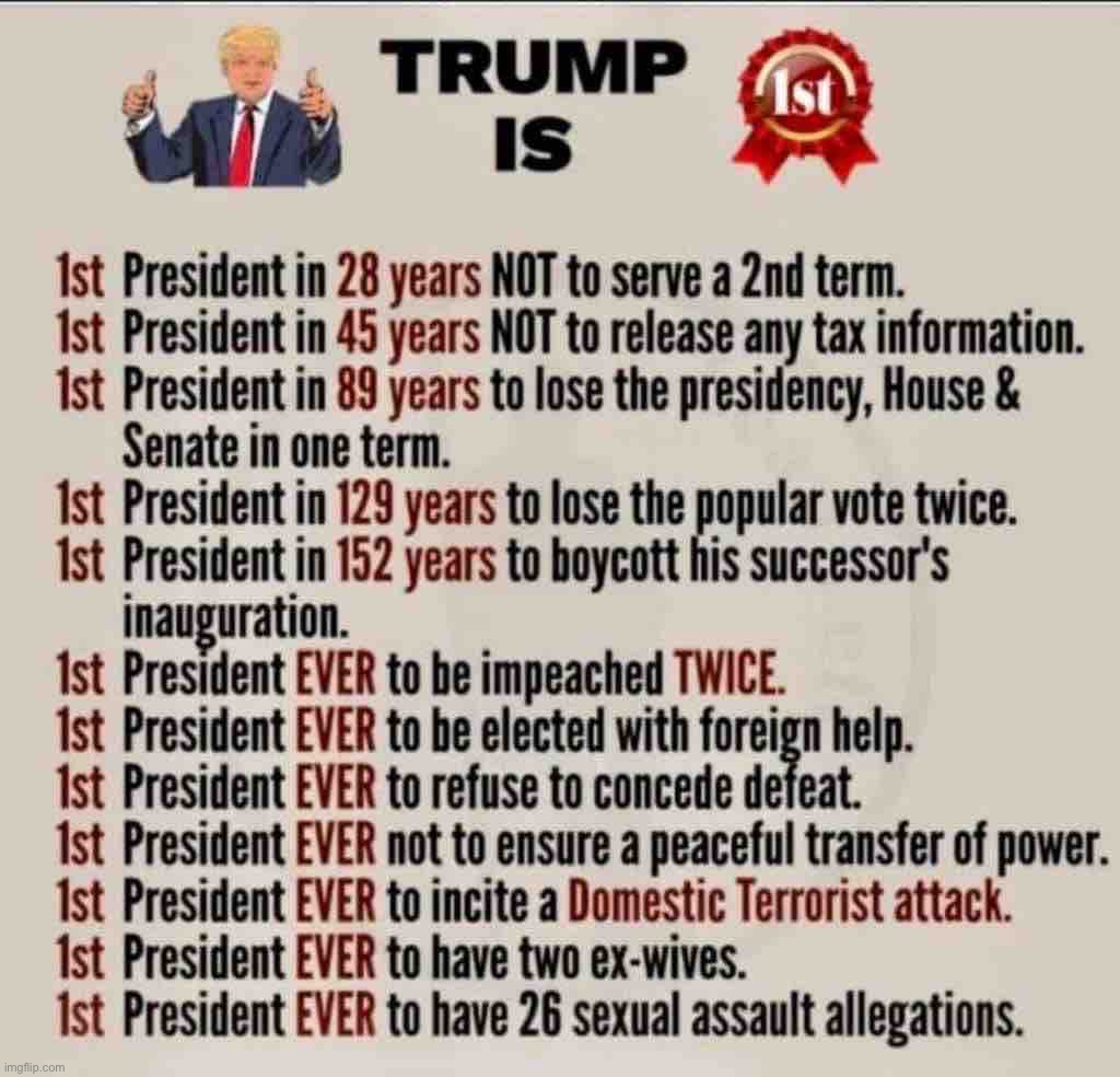 Never gets old. | image tagged in trump firsts | made w/ Imgflip meme maker