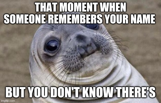 Awkward Moment Sealion |  THAT MOMENT WHEN SOMEONE REMEMBERS YOUR NAME; BUT YOU DON'T KNOW THERE'S | image tagged in memes,awkward moment sealion | made w/ Imgflip meme maker