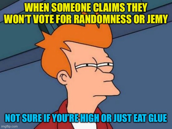 Moneys on both | WHEN SOMEONE CLAIMS THEY WON’T VOTE FOR RANDOMNESS OR JEMY; NOT SURE IF YOU’RE HIGH OR JUST EAT GLUE | image tagged in memes,futurama fry | made w/ Imgflip meme maker