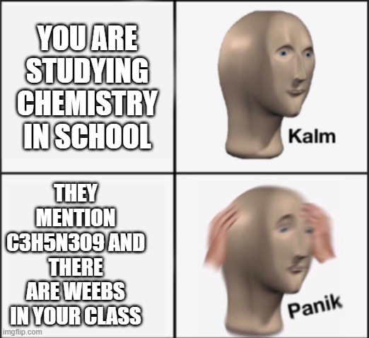 Oh shoot | YOU ARE STUDYING CHEMISTRY IN SCHOOL; THEY MENTION C3H5N3O9 AND THERE ARE WEEBS IN YOUR CLASS | image tagged in kalm panik,chemistry,nitroglycerin,mha,ew,weebs | made w/ Imgflip meme maker
