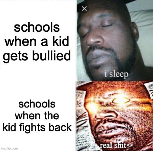 SKOOLS | schools when a kid gets bullied; schools when the kid fights back | image tagged in memes,sleeping shaq | made w/ Imgflip meme maker