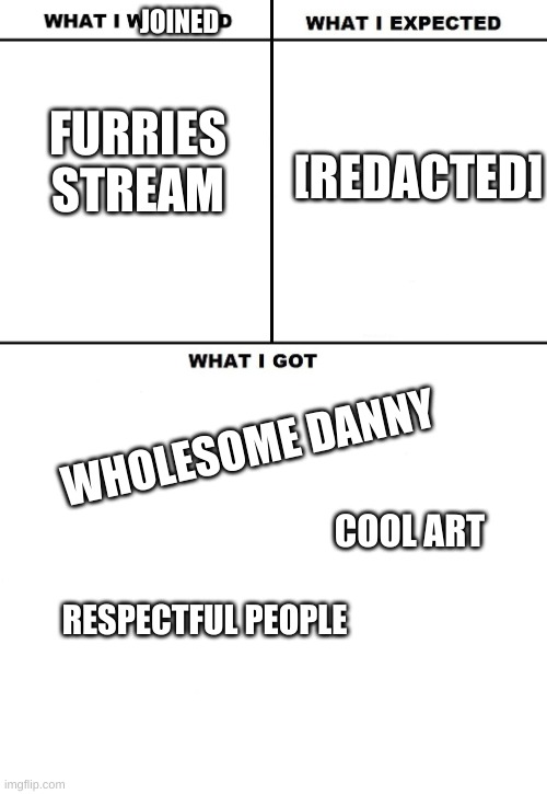 Wow... | JOINED; FURRIES STREAM; [REDACTED]; WHOLESOME DANNY; COOL ART; RESPECTFUL PEOPLE | image tagged in what i watched/ what i expected/ what i got,furry | made w/ Imgflip meme maker