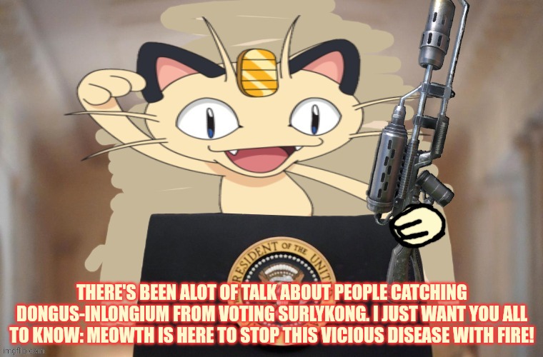 Meowth is here to save the day. | THERE'S BEEN ALOT OF TALK ABOUT PEOPLE CATCHING DONGUS-INLONGIUM FROM VOTING SURLYKONG. I JUST WANT YOU ALL TO KNOW: MEOWTH IS HERE TO STOP THIS VICIOUS DISEASE WITH FIRE! | image tagged in meowth,pokemon,vote,surlykong,dew it | made w/ Imgflip meme maker