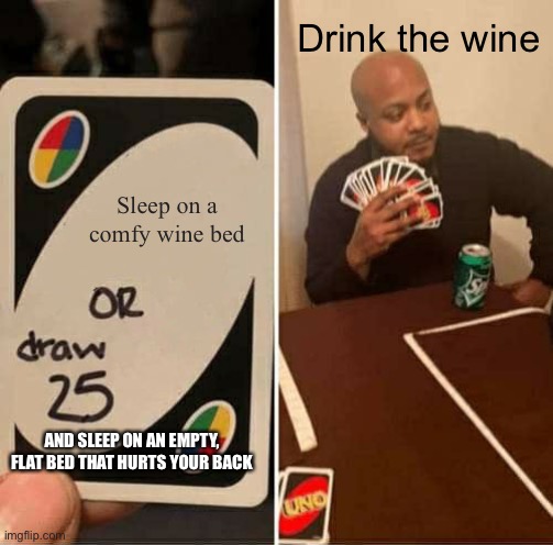 UNO Draw 25 Cards | Drink the wine; Sleep on a comfy wine bed; AND SLEEP ON AN EMPTY, FLAT BED THAT HURTS YOUR BACK | image tagged in memes,uno draw 25 cards | made w/ Imgflip meme maker
