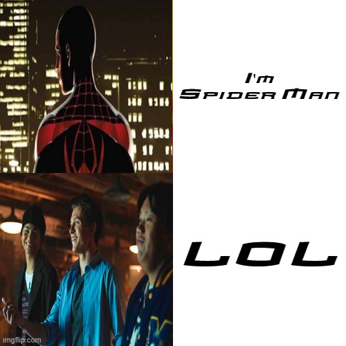 Drake Hotline Bling Meme | I'm Spider Man; LOL | image tagged in memes,drake hotline bling | made w/ Imgflip meme maker