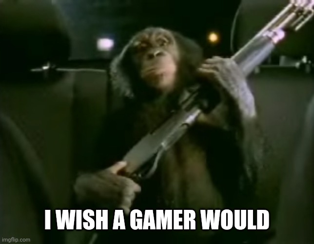 I wish a gamer would | I WISH A GAMER WOULD | image tagged in monkey,strapped,gamer | made w/ Imgflip meme maker