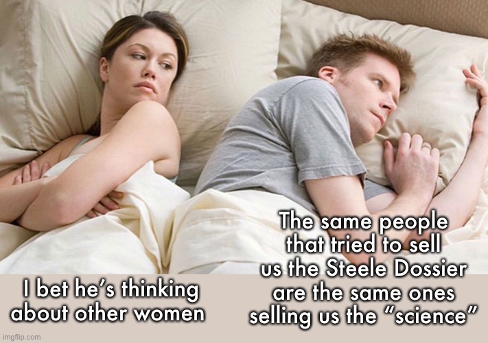 Selling lies is part of politics | The same people that tried to sell us the Steele Dossier are the same ones selling us the “science”; I bet he’s thinking about other women | image tagged in couple in bed,memes,politics lol | made w/ Imgflip meme maker