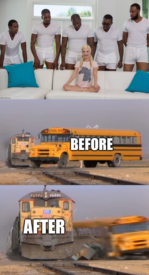 Train crash | BEFORE; AFTER | image tagged in piper perri,a train hitting a school bus,train,i like trains | made w/ Imgflip meme maker