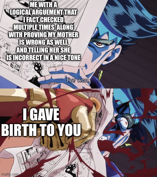 Moms in a nutshell | ME WITH A LOGICAL ARGUEMENT THAT I FACT CHECKED MULTIPLE TIMES  ALONG WITH PROVING MY MOTHER IS WRONG AS WELL AND TELLING HER SHE IS INCORRECT IN A NICE TONE; I GAVE BIRTH TO YOU | image tagged in rohan get punched,mom | made w/ Imgflip meme maker