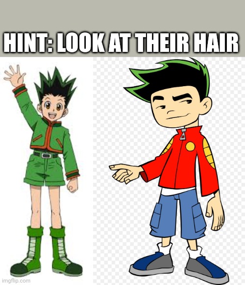 sorry i made you unsee this | HINT: LOOK AT THEIR HAIR | image tagged in american dragon jake long,hunter x hunter | made w/ Imgflip meme maker