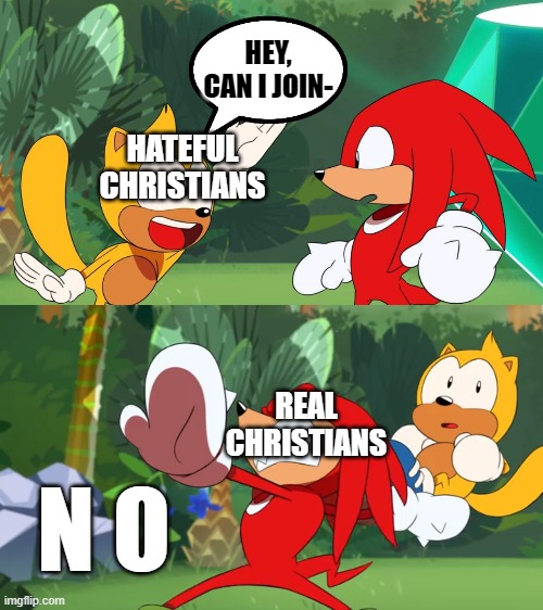 Yep (co-owner note:Aye. You can say that. But I'm an atheist while my family all Christians. But either way. Yea) | HEY, CAN I JOIN-; HATEFUL
CHRISTIANS; REAL CHRISTIANS; N O | image tagged in christianity,memes,lgbtq,haters,sonic mania | made w/ Imgflip meme maker