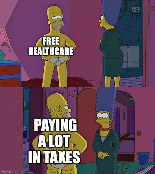 Homer Simpson's Back Fat | FREE HEALTHCARE; PAYING A LOT IN TAXES | image tagged in homer simpson's back fat,memes,stop reading the tags,im warning you,you have been eternally cursed for reading the tags | made w/ Imgflip meme maker