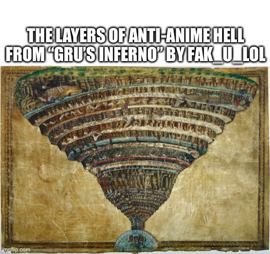 dante's inferno | THE LAYERS OF ANTI-ANIME HELL
FROM “GRU’S INFERNO” BY FAK_U_LOL | image tagged in dante's inferno | made w/ Imgflip meme maker