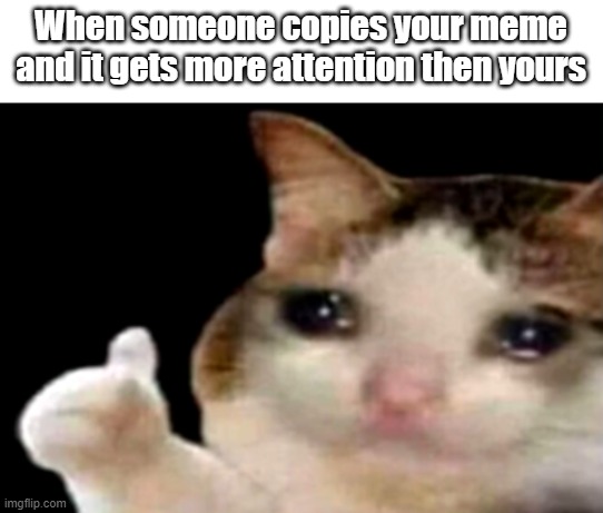 Hate when that happens | When someone copies your meme and it gets more attention then yours | image tagged in sad cat thumbs up | made w/ Imgflip meme maker