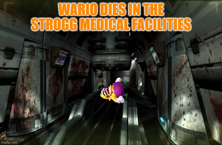 wario dies in the strogg medical facilities | WARIO DIES IN THE STROGG MEDICAL FACILITIES | image tagged in quake 4,wario dies,wario,blood | made w/ Imgflip meme maker