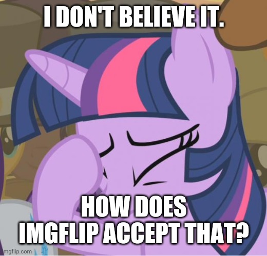 Mlp Twilight Sparkle facehoof | I DON'T BELIEVE IT. HOW DOES IMGFLIP ACCEPT THAT? | image tagged in mlp twilight sparkle facehoof | made w/ Imgflip meme maker