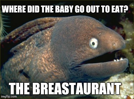 Bad Joke Eel | WHERE DID THE BABY GO OUT TO EAT? THE BREASTAURANT | image tagged in memes,bad joke eel,AdviceAnimals | made w/ Imgflip meme maker