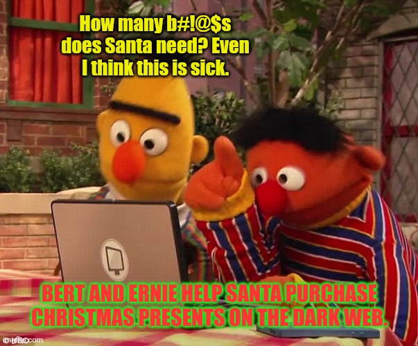 Bert and Ernie on the dark web | How many b#!@$s does Santa need? Even I think this is sick. BERT AND ERNIE HELP SANTA PURCHASE CHRISTMAS PRESENTS ON THE DARK WEB. | image tagged in bert and ernie on the dark web | made w/ Imgflip meme maker