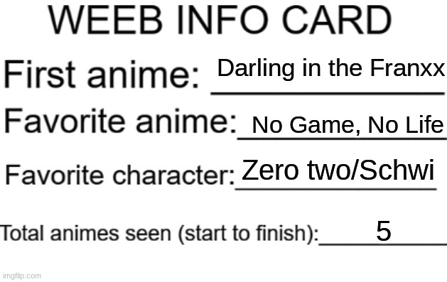 Weeb info card | Darling in the Franxx; No Game, No Life; Zero two/Schwi; 5 | image tagged in weeb info card,ngnl,ngnl0,ditf,anime | made w/ Imgflip meme maker