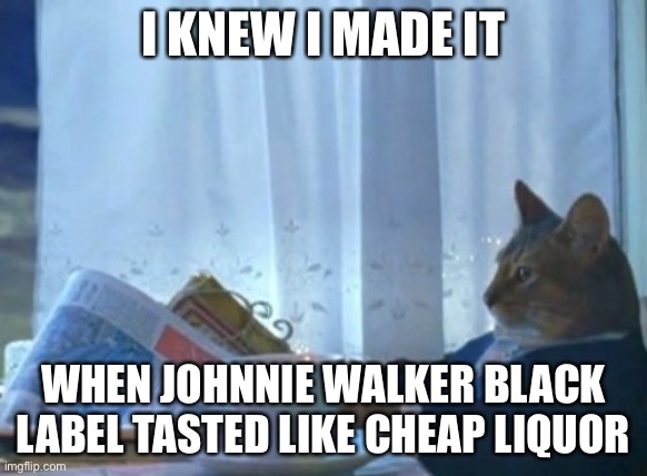 I Should Buy A Boat Cat |  I KNEW I MADE IT; WHEN JOHNNIE WALKER BLACK LABEL TASTED LIKE CHEAP LIQUOR | image tagged in memes,i should buy a boat cat,true story bro,liquor,alcohol,whiskey | made w/ Imgflip meme maker