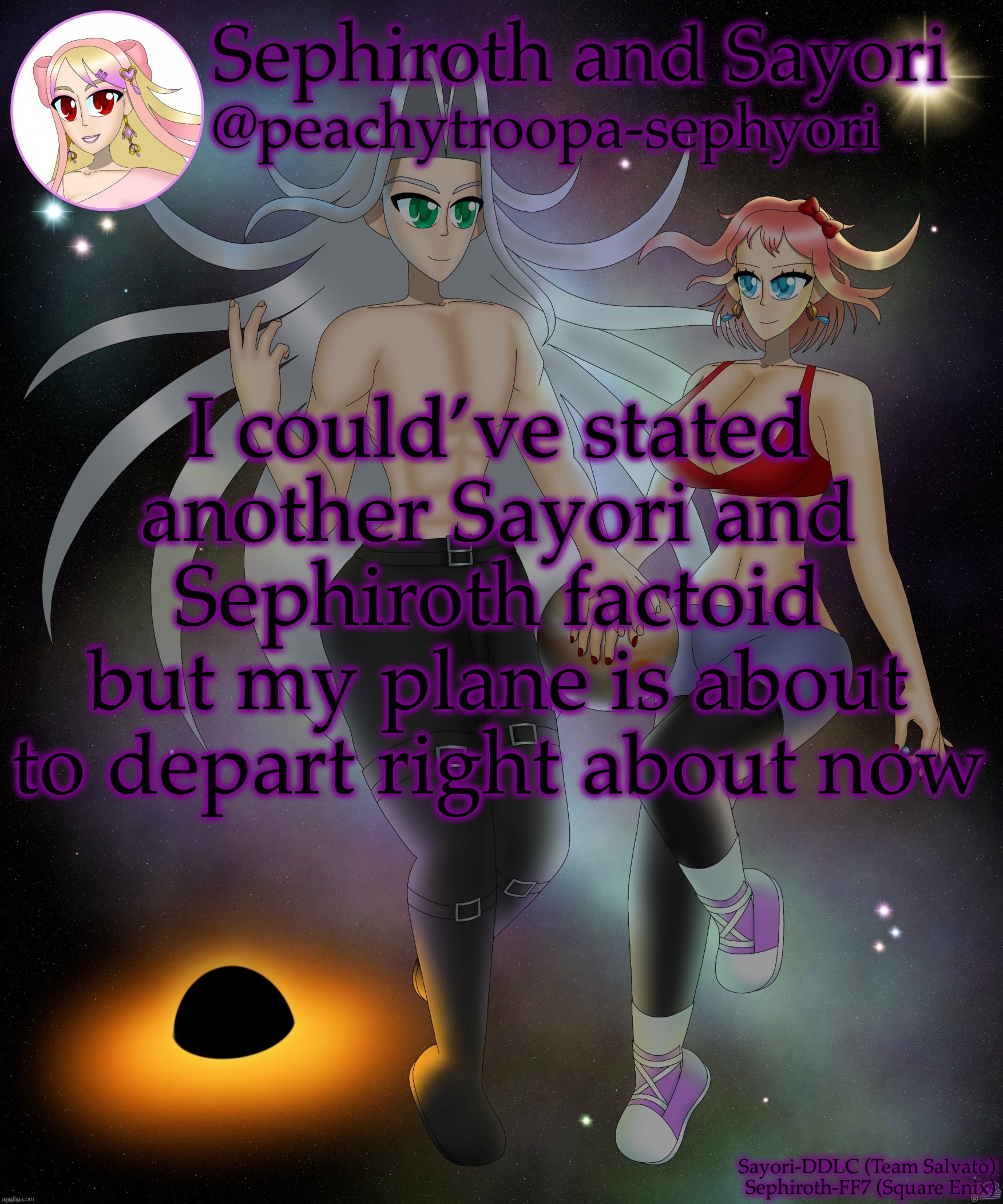 Bye chat | I could’ve stated another Sayori and Sephiroth factoid but my plane is about to depart right about now | image tagged in sayori and sephiroth | made w/ Imgflip meme maker