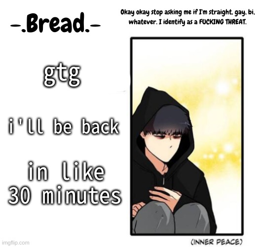 peace | gtg; i'll be back; in like 30 minutes | image tagged in breads inner peace temp | made w/ Imgflip meme maker
