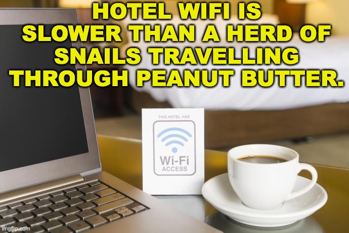 Still a nice hotel | HOTEL WIFI IS SLOWER THAN A HERD OF SNAILS TRAVELLING THROUGH PEANUT BUTTER. | image tagged in memes,unfunny | made w/ Imgflip meme maker